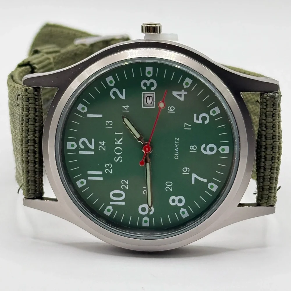 New Soki Canvas Green Face, Military Watch, Date Display, Men's (New Battery)